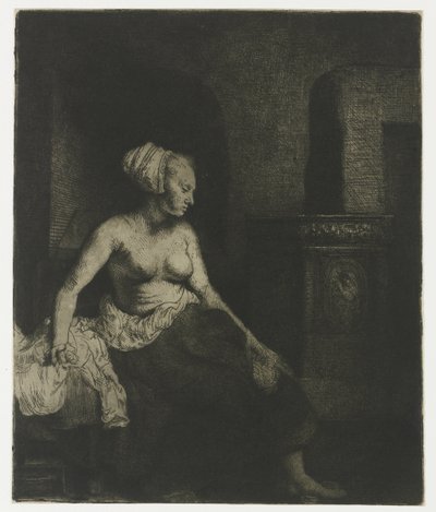Kvinne som sitter halvkledd ved siden av en komfyr Kvinne som sitter halvkledd ved siden av en komfyr av Rembrandt van Rijn
