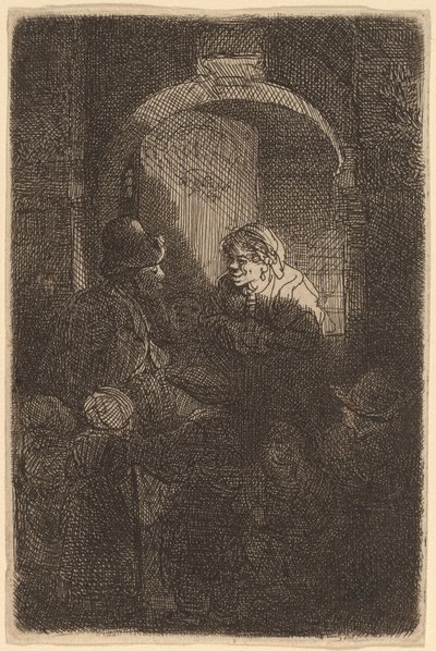Kvinne ved en dørluke snakker med en mann og barn (skolemesteren) av Rembrandt van Rijn