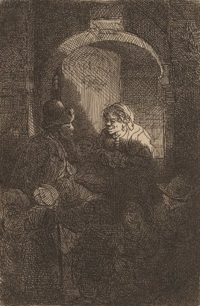 Kvinne ved en dørluke snakker med en mann og barn Skolemesteren, 1641. av Rembrandt van Rijn