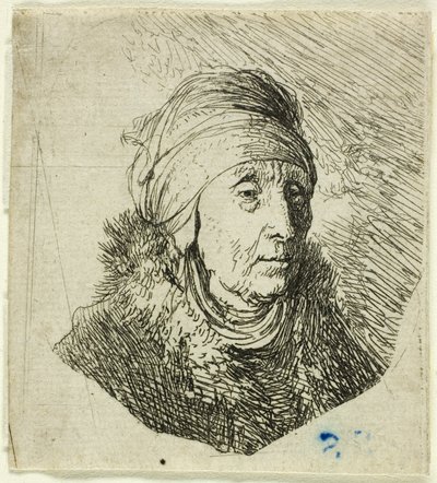 Kvinne med et høyt hodeplagg viklet rundt haken: Byste av Rembrandt van Rijn
