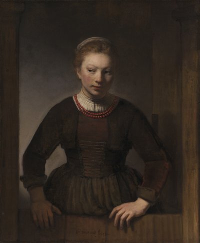 Ung kvinne ved en åpen halvdør, 1645 av Rembrandt van Rijn