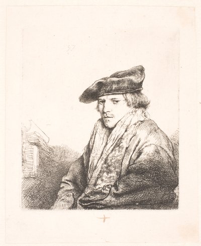 Ung mann i fløyelshette med bøker ved siden av seg av Rembrandt van Rijn