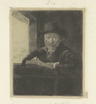 Selvportrett, tegning ved et vindu Recueil de quatre-vingt-cinq estampes originales (serietittel) av Rembrandt van Rijn