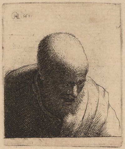 Skallet mann med åpen munn, ser ned av Rembrandt van Rijn and Studio of Rembrandt