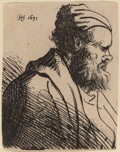 Snøneset mann med lue av Rembrandt van Rijn and Studio of Rembrandt