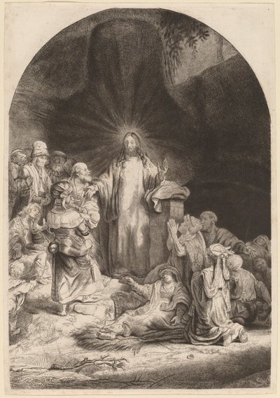 Kristus forkynner og helbreder (fragment fra trykket på hundre gylden) av Rembrandt van Rijn and William Baillie
