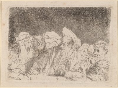Fariseerne debatterer (fragment fra trykket i hundre gylden) av Rembrandt van Rijn and William Baillie