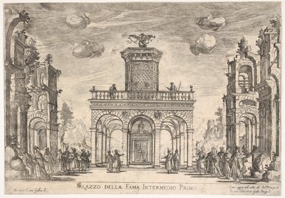 Første mellomspill: palace of fame Mellom sjette: palace of fame, fra seriens S ..., 1608. av Remigio Cantagallina
