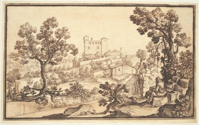 Landskap med en mann som hviler, gårdshus og et slott av Remigio Cantagallina