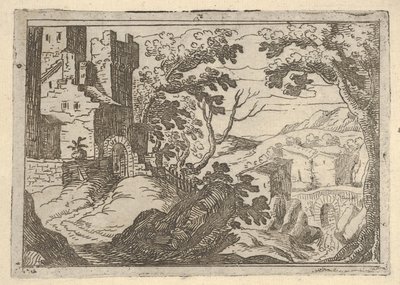 Landskap med bygninger til venstre og bro til høyre under, ca. 1620-50. av Remigio Cantagallina