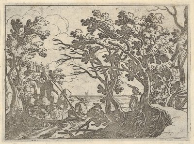 Landskap med landfisker og mannlig tilskuer under trær, en mann i båtbaug..., ca. 1620-50. av Remigio Cantagallina
