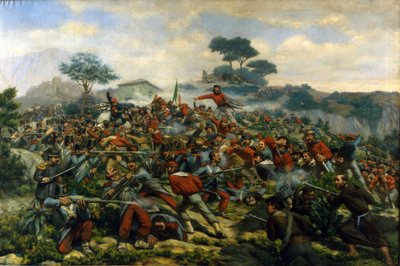 Risorgimento: slaget ved Calatafimi på Sicilia mellom troppene til Giuseppe Garibaldi (1807-1882), Tusen og hæren til kongeriket av de to Siciliene av Remigio Legat