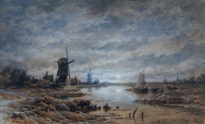 Månelys natt (kanallandskap med vindmøller og skip) av Remigius Adrianus van Haanen