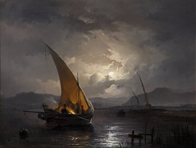Et nattlandskap med en seilbåt hvor bål blir tent, etter 1860 (olje på lerret) av Remigius van Haanen