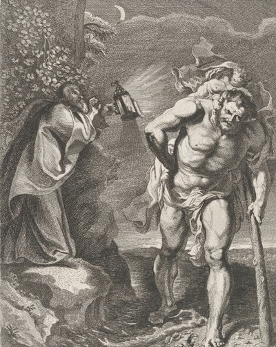 Den hellige Christopher bærer Kristusbarnet over en bekk, en annen mann holder en ..., ca. 1636-80. av Remoldus Eynhoudts