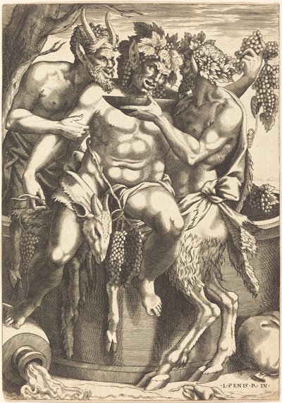 To satyrer som gir drikke til Bacchus av René Boyvin after Luca Penni