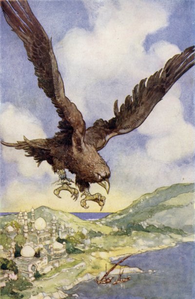 En gigantisk fugl kalt en Roc (farge litho) av René Bull