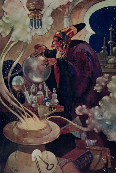 "Etter et langt og nøye forløp med magiske henvendelser" fra "The Arabian Nights" (farge litho) av René Bull