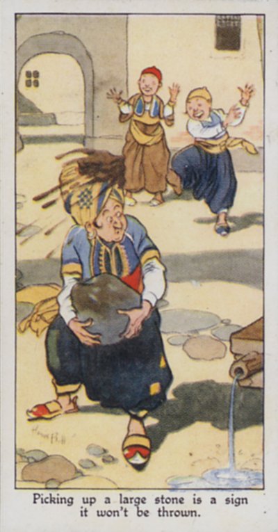Østlig ordtak: Å plukke opp en stor stein er et tegn på at den ikke vil bli kastet (farge litho) av René Bull