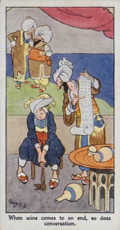 Østlig ordtak: Når vinen tar slutt, gjør samtalen det også (farge litho) av René Bull