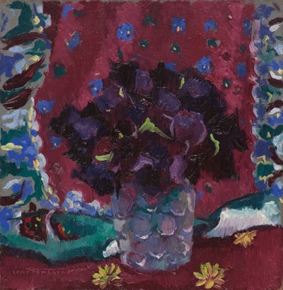 Blå stemorsblomster i et glass av René Fontayne