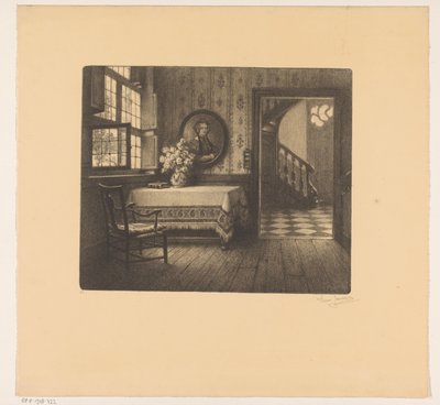 Interiør med portrett, bord og utsikt over en korridor av René Janssens (signed by artist)