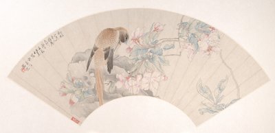 Fugl på en stein ved en blomstrende gren, datert 1879. av Ren Xun
