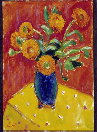 Bukett med peoner i en blå vase (olje på lerret) av Rene Auguste Seyssaud