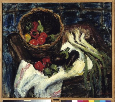 Stilleben i grønnsakskurv, paprika, aubergine og purre (olje på lerret) av Rene Auguste Seyssaud