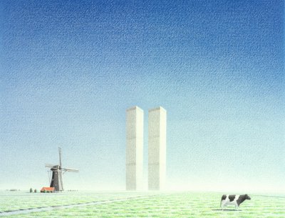 Twin Towers, 2001, Fargeblyanttegning på papir av Rene Boin