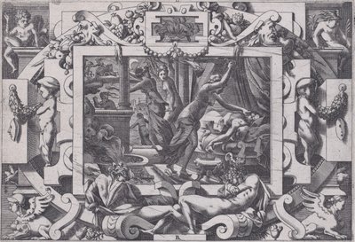 Pelias drept av sine døtre, hvis medlidenhet de tar motet hans blod til å tømme innen v..., 1563. av Rene Boyvin