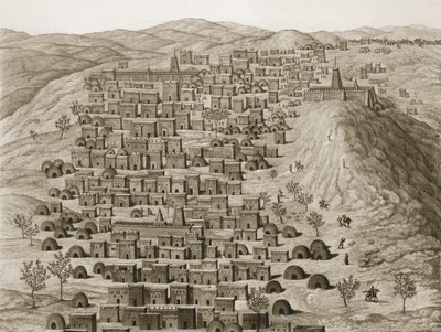 Utsikt over en del av byen Timbuktu fra en høyde, illustrasjon fra Journal dun Voyage a Tombouctou et a Jenne, 1830 av Rene Caillie
