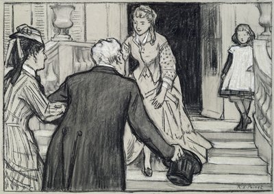 Besøket, illustrasjon fra La Jeune Fille Bien Elevee av Rene Boylesve (svart-hvitt kritt på papir) av René François Xavier Prinet