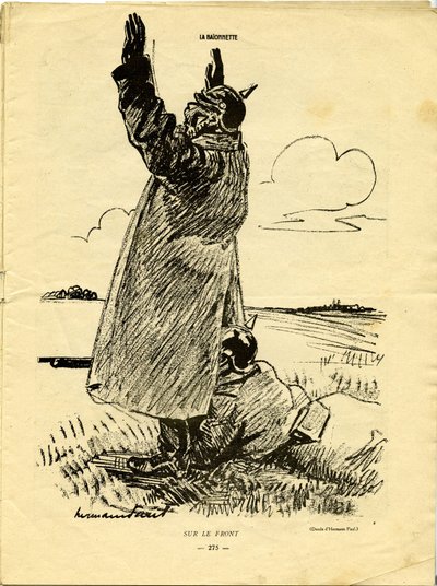 An der Kriegsfront, ein deutscher Soldat gibt vor, sich zu ergeben, während ein anderer die Gelegenheit nutzt, um unter seinem Mantel zu schießen von Rene George Hermann-Paul