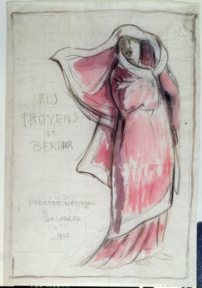 Design for en plakat som reklamerer for Les Troyens (Trojanerne) komponert av Hector Berlioz (1803-69) for en forestilling på Opera de Paris i 1921 (blyant og wc på papir) av Rene Piot
