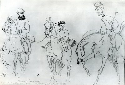 Tre ryttere: Henri de Toulouse-Lautrec (1864-1901) mellom hans far, grev Alphonse og kunstneren av Rene Princeteau