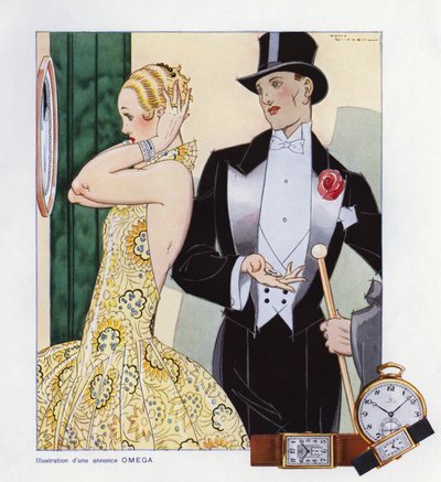 Annonse for Omega armbåndsur (farge litho) av Rene Vincent