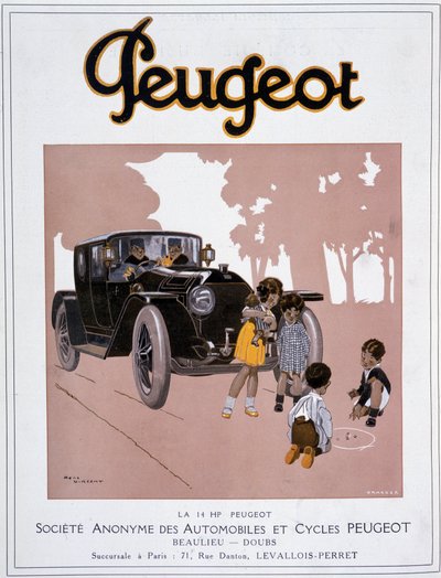 Reklame for Peugeot "" The 14 HP Peugeot"" i "" Comoedia illustrious""" av 20. desember av Rene Vincent