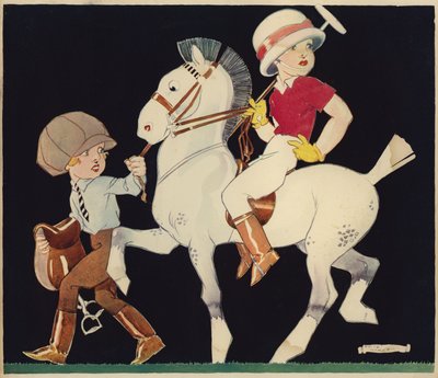 Gutt på polo ponni, ledet av stalljente (farge litho) av Rene Vincent