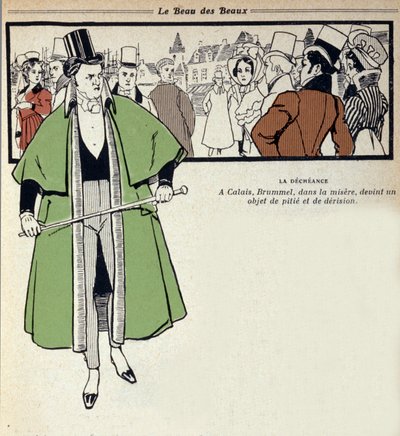Representasjon av George Bryan Brummel, kjent som Beau Brummel (1778 - 1840), King of the Dandys: sistnevnte er i eksil i Calais. Illustrasjon av Rene Vincent (1879-1936). 1800-tallet av Rene Vincent