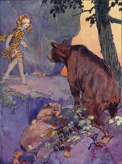 En liten steinalderjente (farge litho) av Rene Vincent