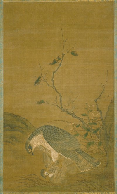 Hawk Capturing A Sparrow (blekk og farge på silke) av Renfa Ren