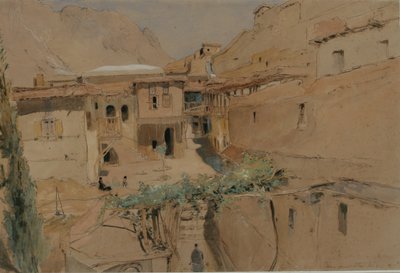 Interiør i et kloster, Sinai-fjellet, 1841 (wc, penn, gouache på papir) av Rev. Edward Thomas Daniell