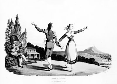 Boleras-dansen, illustrasjon fra 'Sketches of the Country, Character, and Costume, in Portugal and Spain', trykk av John Heaviside Clark, 1809 (akvatint) av Rev. William Bradford