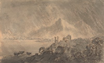 Slott over en innsjø med Distant Mountain under Stormy Sky av Rev. William Gilpin