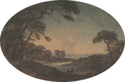 Landskap med to menn og en slottsruin på elvebredden av Rev. William Gilpin