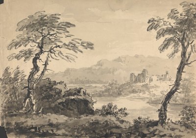 Landskap med to trær og slott av Rev. William Gilpin