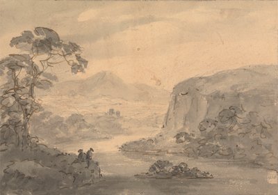 Fjelllandskap med to figurer med utsikt over en innsjø av Rev. William Gilpin