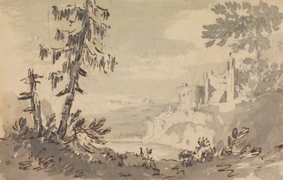 Furutrær og slott i et landskap av Rev. William Gilpin
