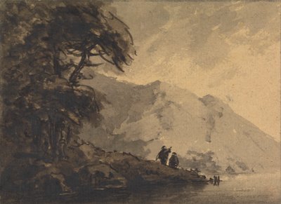 To figurer på land med fjell som reiser seg bak av Rev. William Gilpin